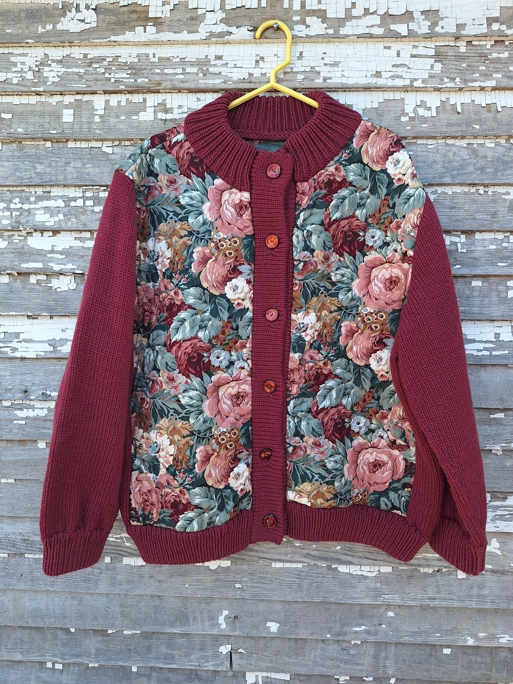 Vintage Burgundy Floral Front Cardigan Sweater Custom Made Size Large